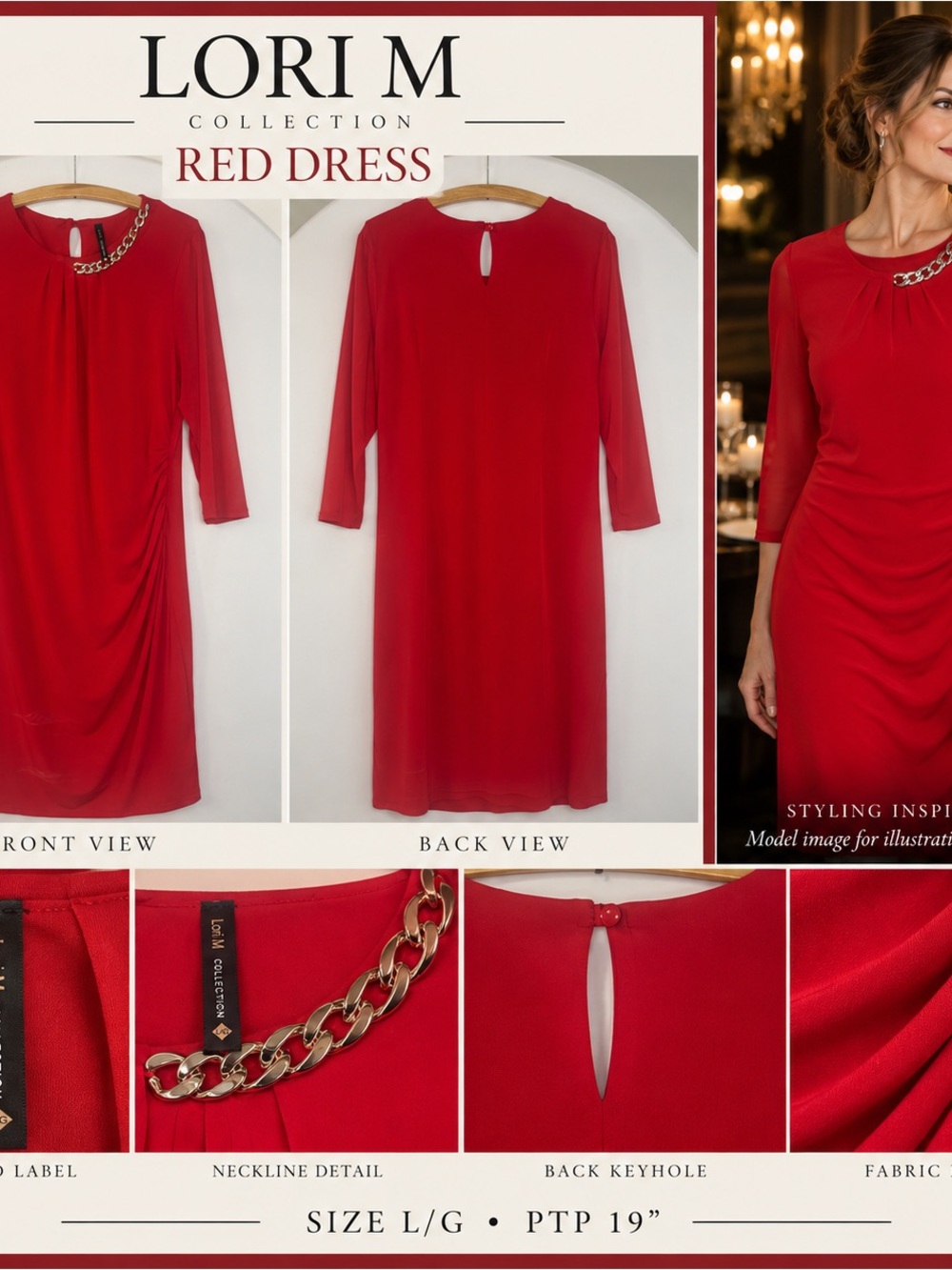 Red Chain-Detail Draped Sheath Dress